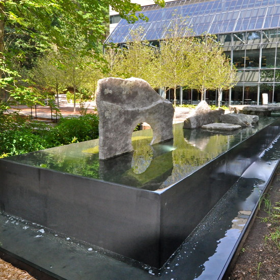 Negative edge water feature: Oracle: Bedford MA. Design by Thomas Wirth Associates. Architectural Stones by Lew French.