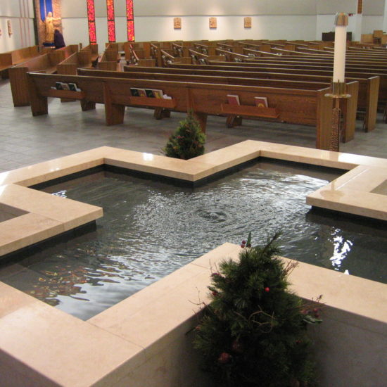 Cruciform Baptismal Font with Living Water Effect, St. Pius X Church, Urbandale, IA.