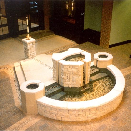 Semicircular Baptismal Font with Descending and Ascending Steps and Upper Font Bowl with Spillway Featuring Two Additional Marking Fonts with Spillways, Church of the Resurrection, New Albany, OH.