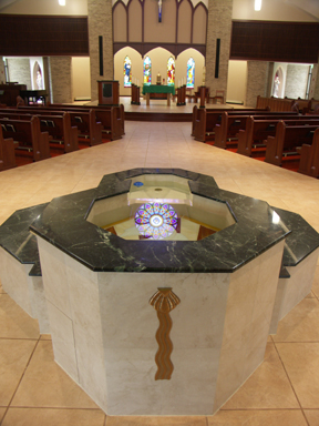 Cruciform Baptismal Font Featuring an Octagonal Upper Bowl with Inlaid Ceramic Dove, St. Anthony of Padua, Angola, IN.
