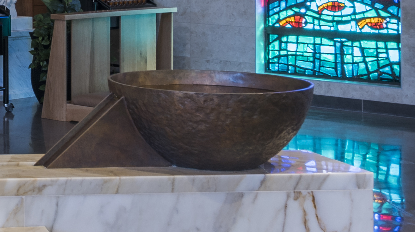 Upper Bronze Bowl and Spillway Detail of Baptismal Font, Good Shepherd Church, Garland, TX.