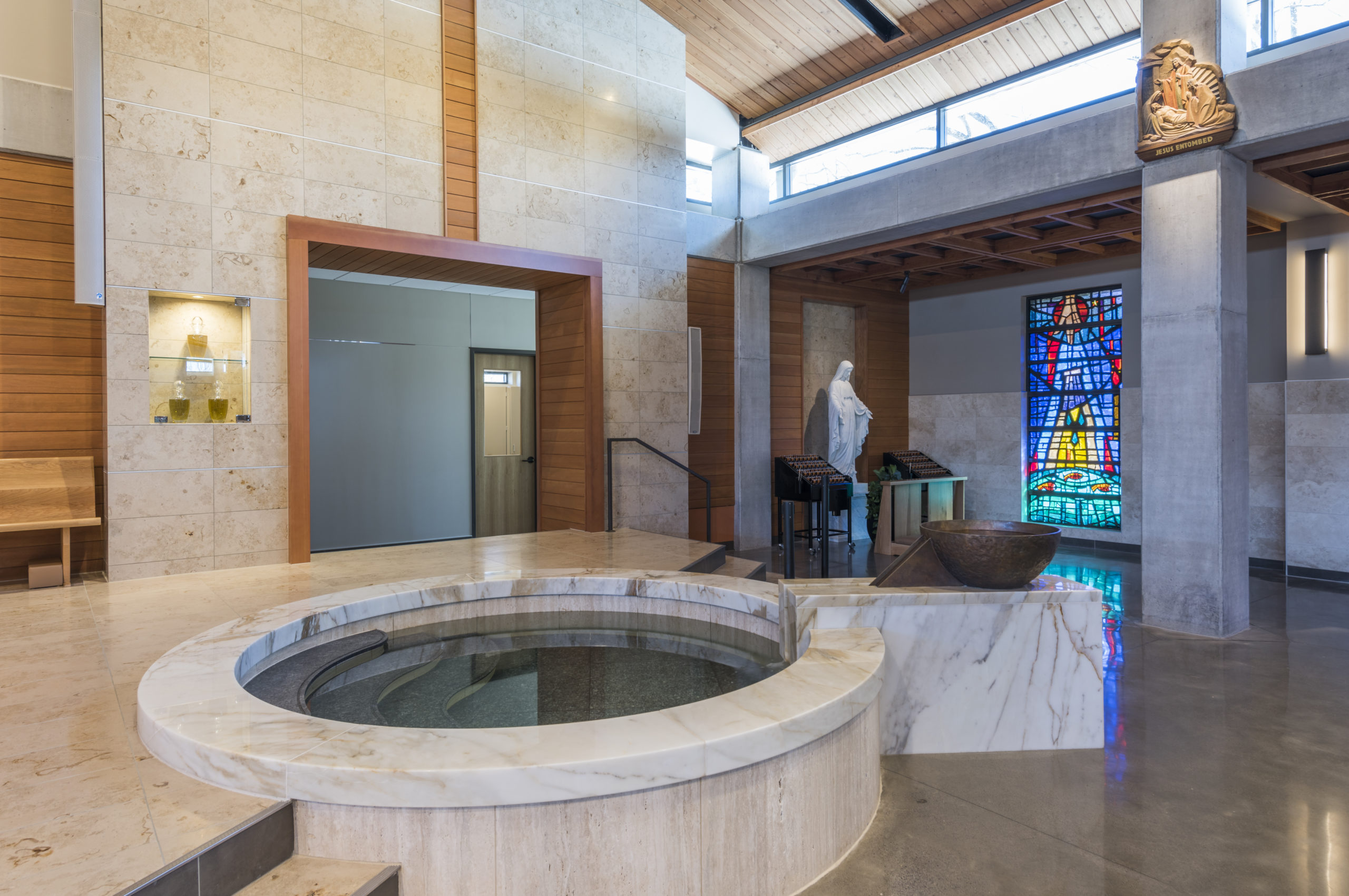 Circular Immersion Baptismal Font with Upper Bronze Bowl, Good Shepherd Church, Garland, TX.