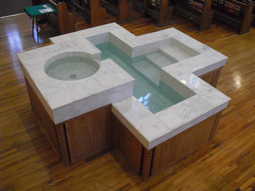 Cruciform Baptismal Font with Descending Steps, Circular Upper Bowl and Spillway, Sacred Heart, Alamosa, CO.