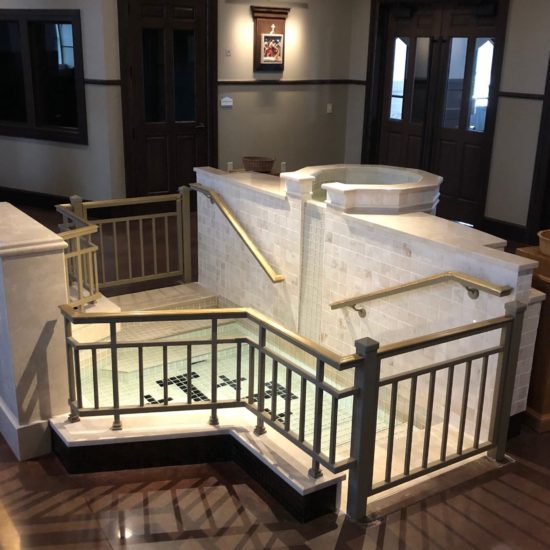 Immersion Baptismal Font with Built-in Descending and Ascending Steps and Upper Bowl with Spillway, Holy Spirit Church, Mustang, OK.