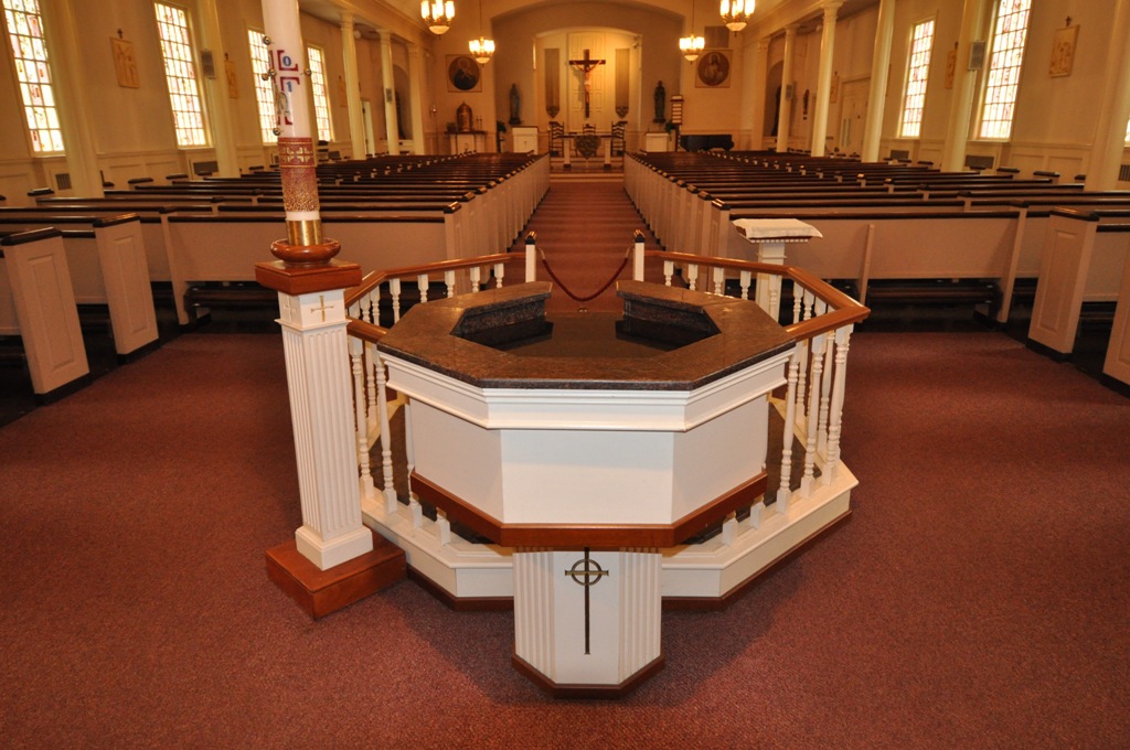 Octagonal Upper and Lower Baptismal Font Pools with Integrated Water Wall, St. Joachim's, Rockport, MA.