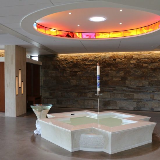 White Marble Cruciform Baptismal Baptismal Font, Franciscan Renewal Center, Scottsdale, AZ.
